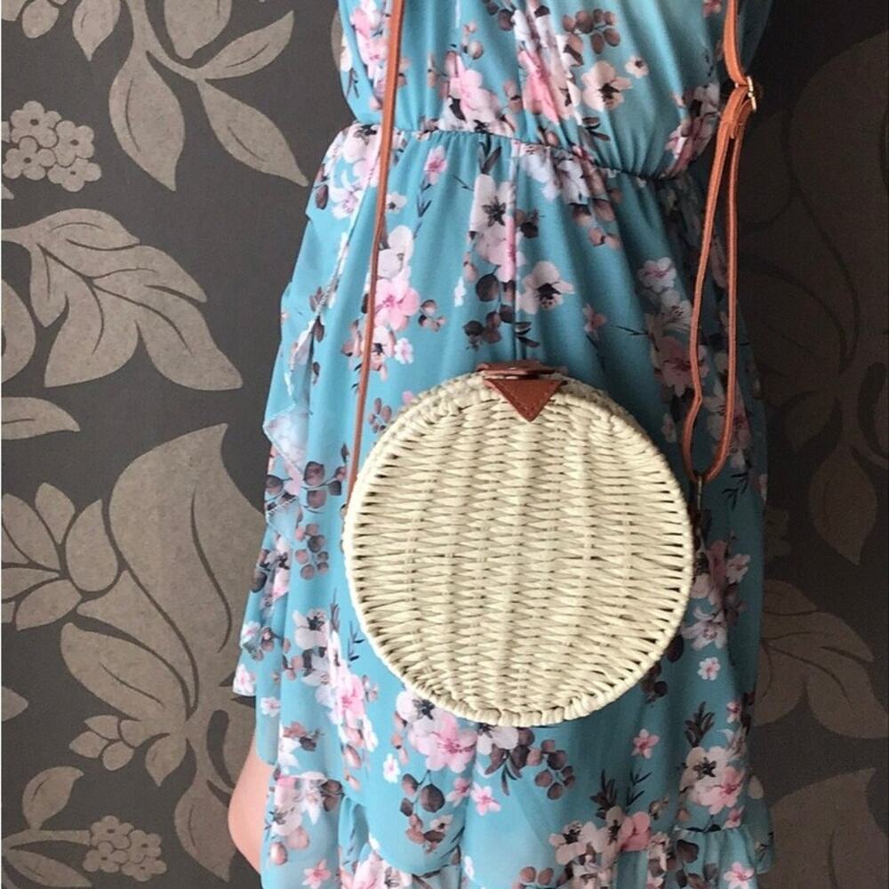 Round Woven Cream Straw Crossbody Bag